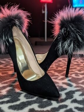 Black Faux Fur Pom Pointed-Toe Stiletto Pumps
